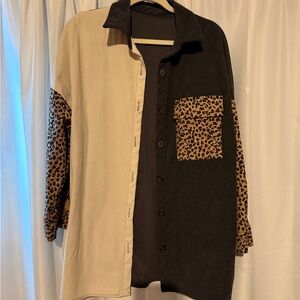 Two-Tone Button-Up Shirt with Leopard Accents - Black & Cream